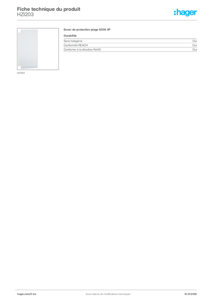 Image Hager Fiche technique du produit HZI203 | Hager Belgique