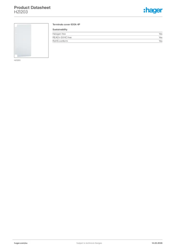 Image Hager Product data sheet HZI203  | Hager Australia