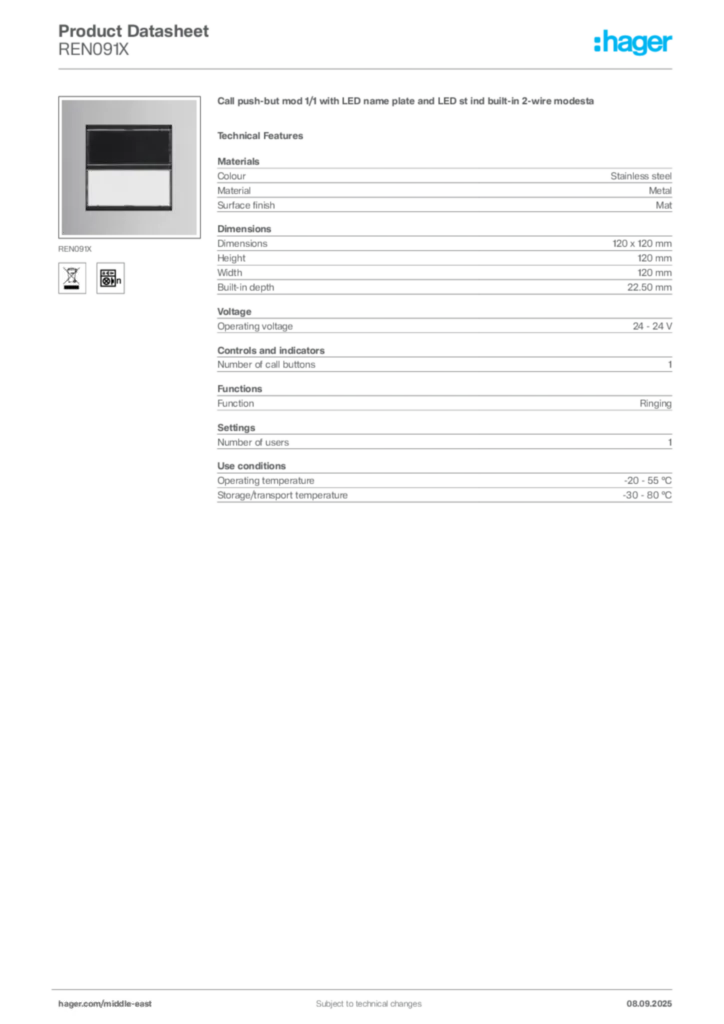 Image Hager Product data sheet REN091X  | Hager