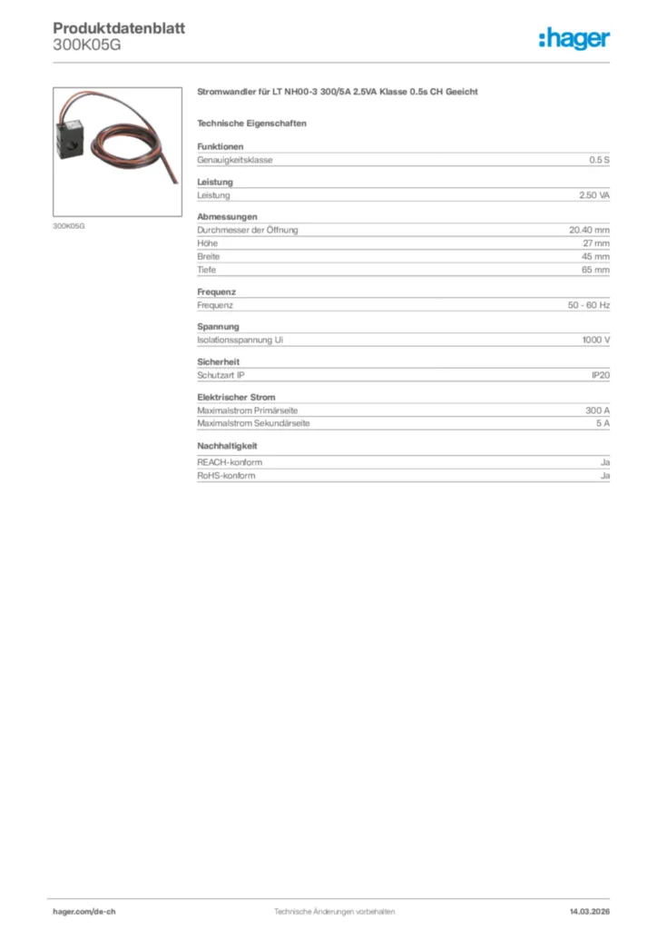 Bild Hager Produktdatenblatt 300K05G | Hager Schweiz