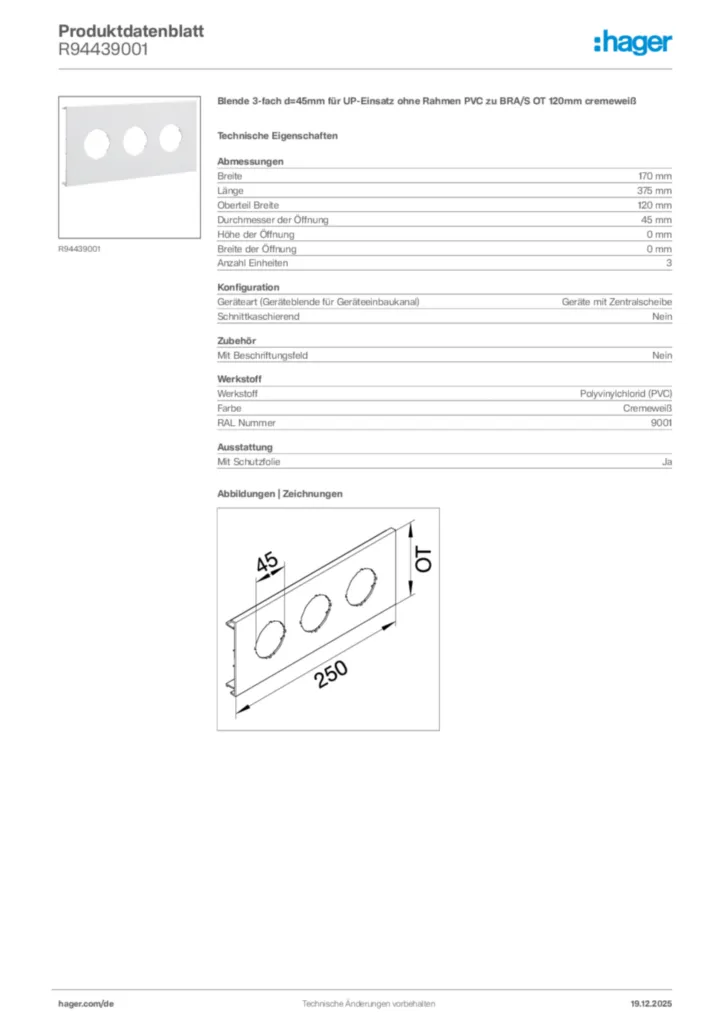 Bild Hager Produktdatenblatt R94439001 | Hager Deutschland