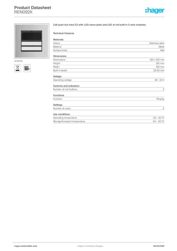 Image Hager Product data sheet REN092X  | Hager