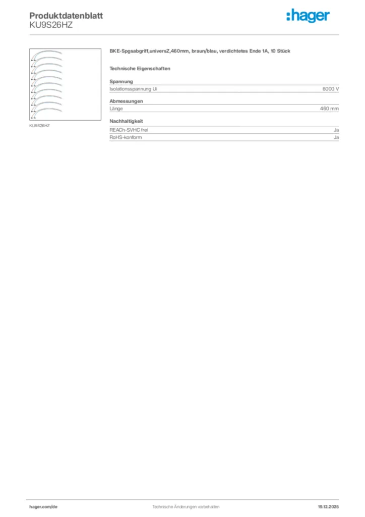 Bild Hager Produktdatenblatt KU9S26HZ | Hager Deutschland