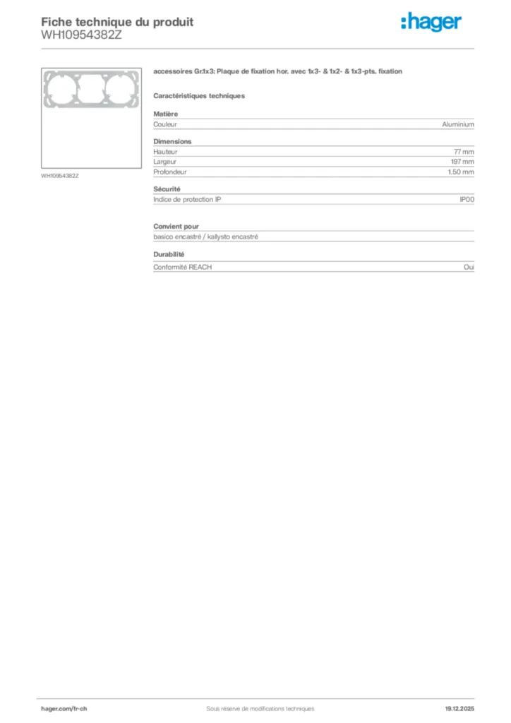 Image Hager Fiche technique du produit WH10954382Z | Hager Suisse