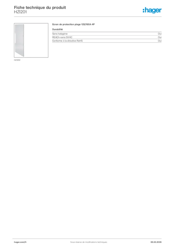 Image Hager Fiche technique du produit HZI201 | Hager France