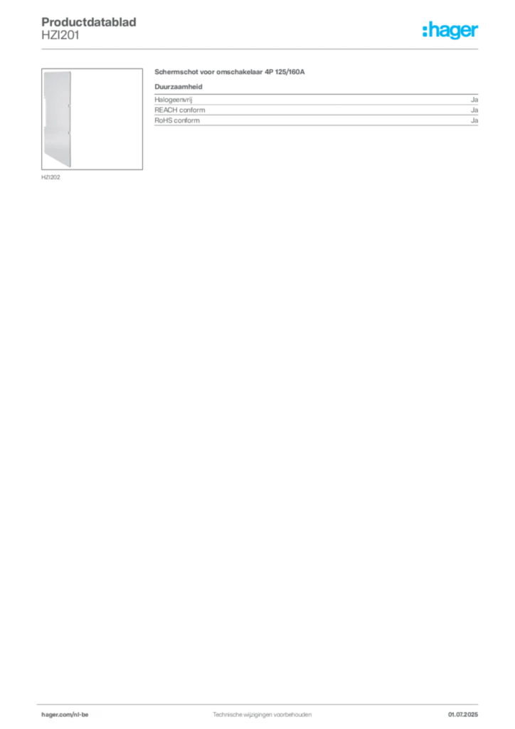 Afbeelding Hager Productdatablad HZI201 | Hager Belgium