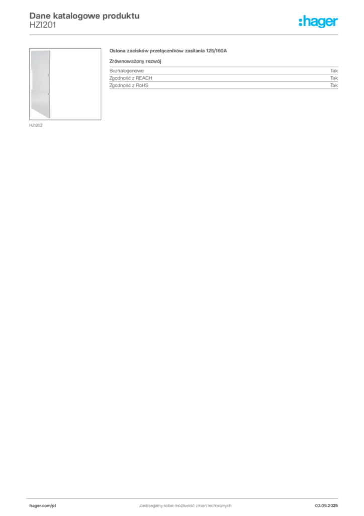 Zdjęcie Hager Karta katalogowa HZI201 | Hager Polska