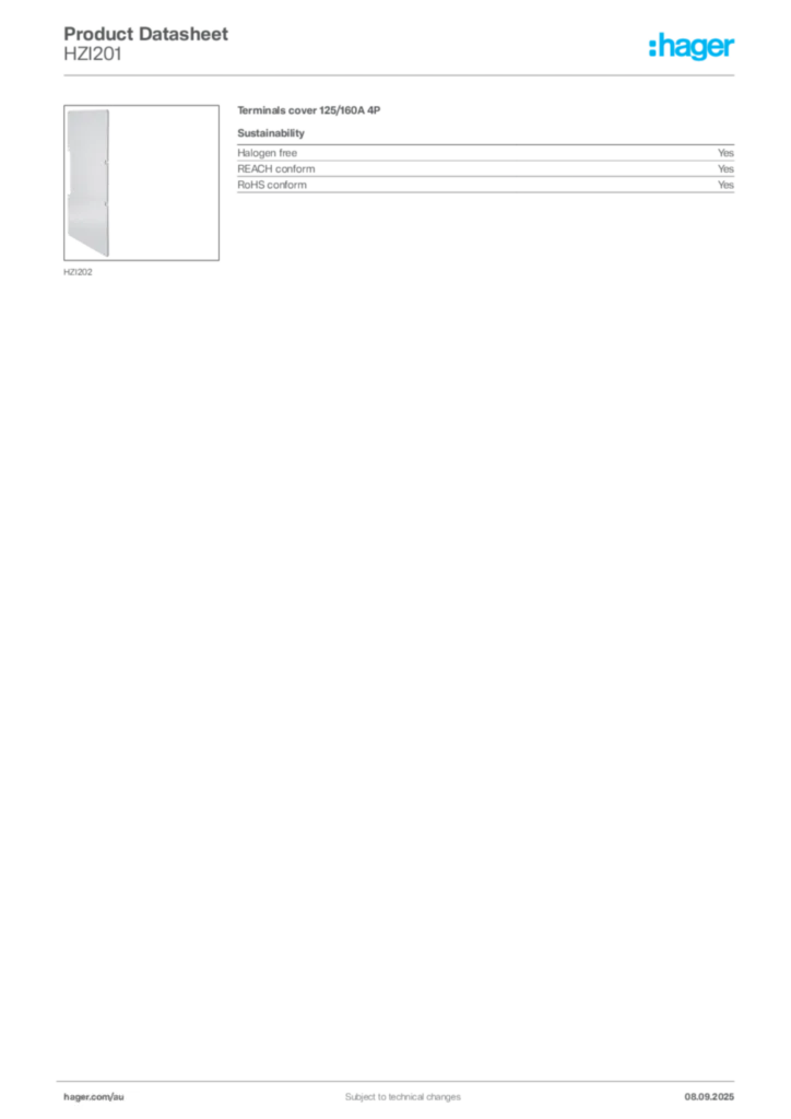 Image Hager Product data sheet HZI201  | Hager Australia