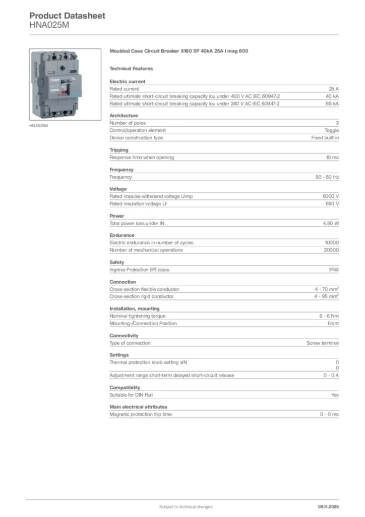 Image Hager Product data sheet HNA025M  | Hager Africa