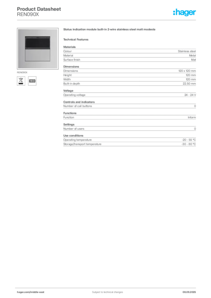 Image Hager Product data sheet REN090X  | Hager