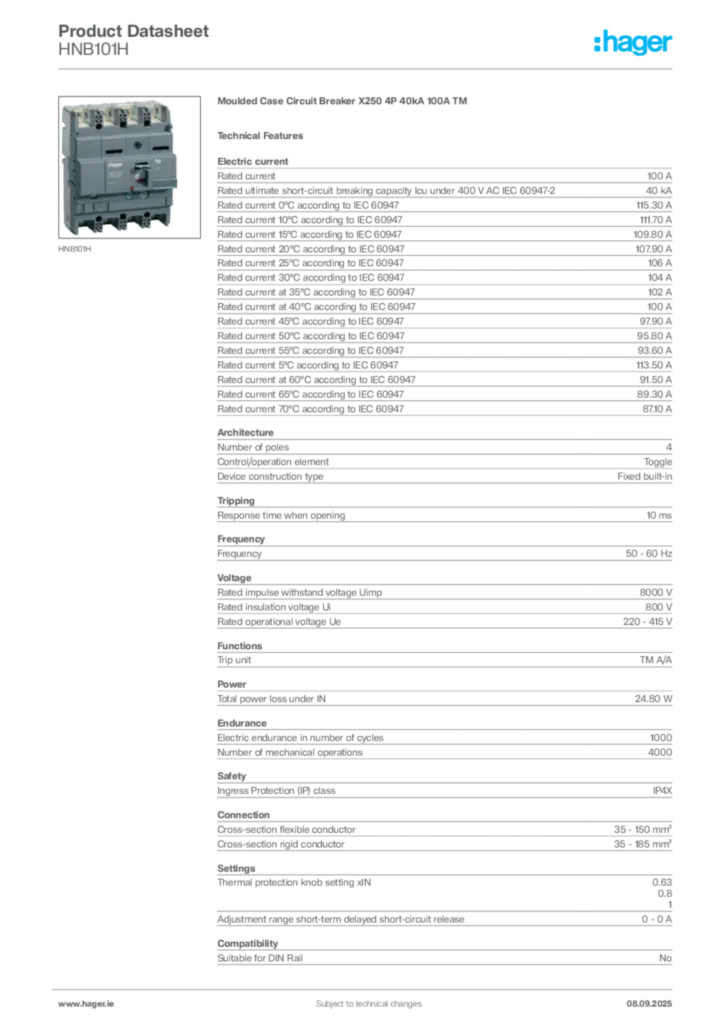 Image Hager Product data sheet HNB101H  | Hager