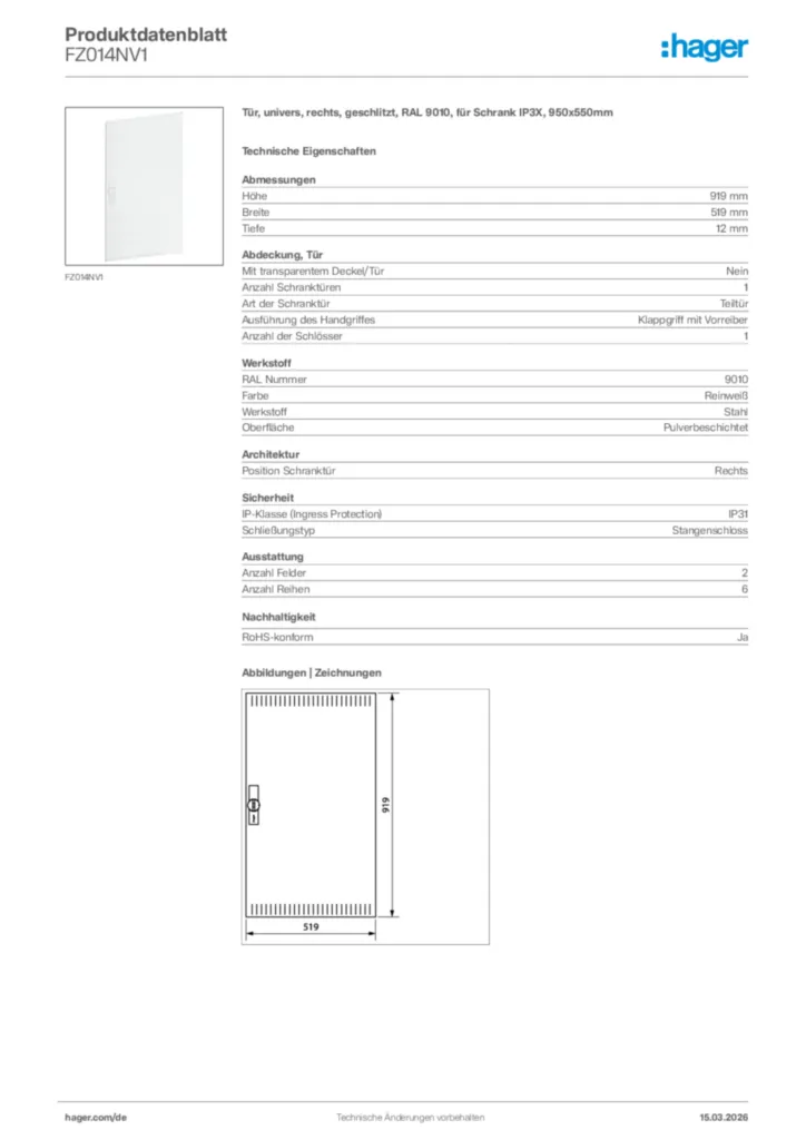 Bild Hager Produktdatenblatt FZ014NV1 | Hager Deutschland