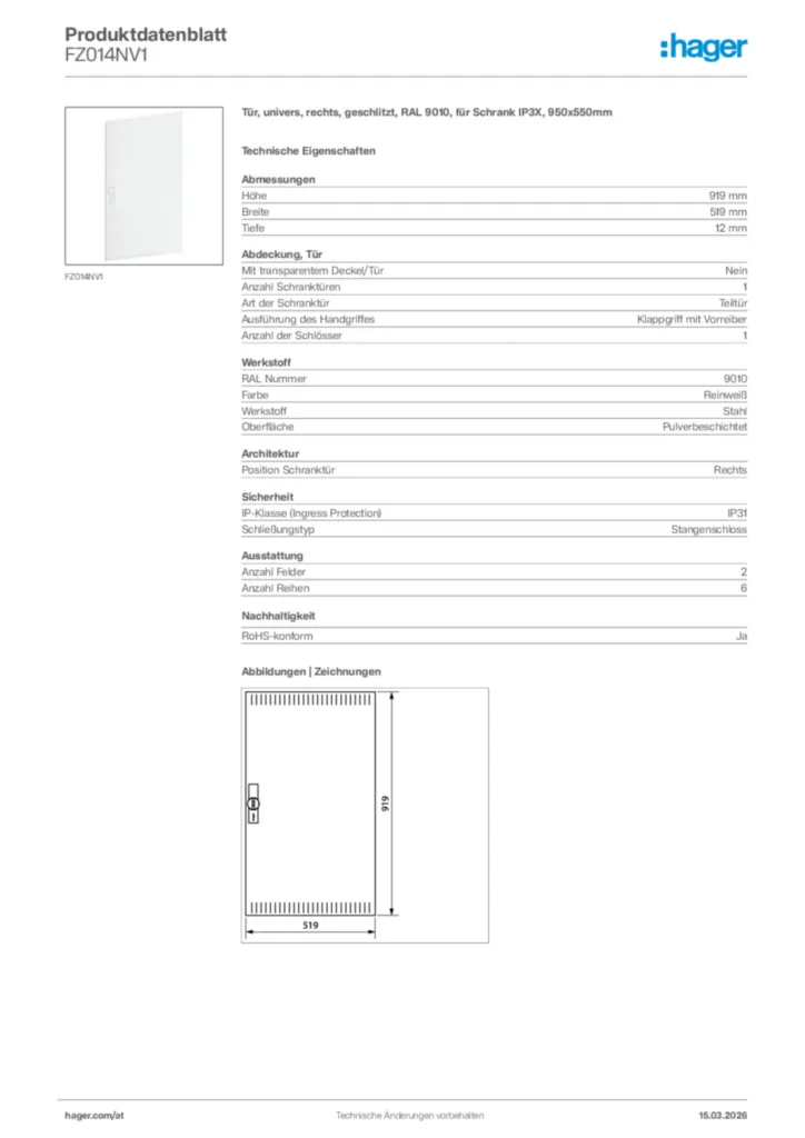 Bild Hager Produktdatenblatt FZ014NV1 | Hager Deutschland