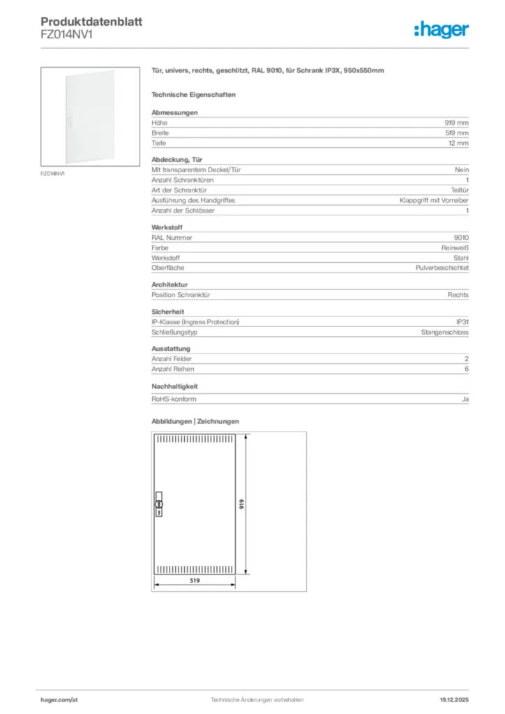 Bild Hager Produktdatenblatt FZ014NV1 | Hager Deutschland