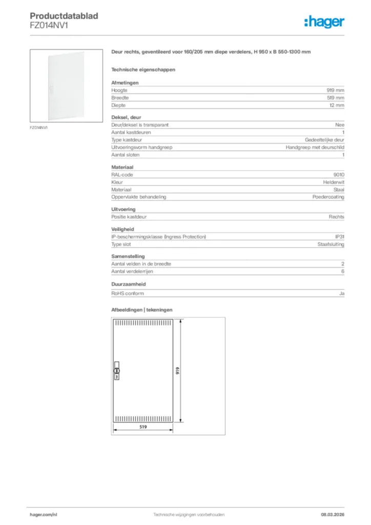 Afbeelding Hager Productdatablad FZ014NV1 | Hager Nederland