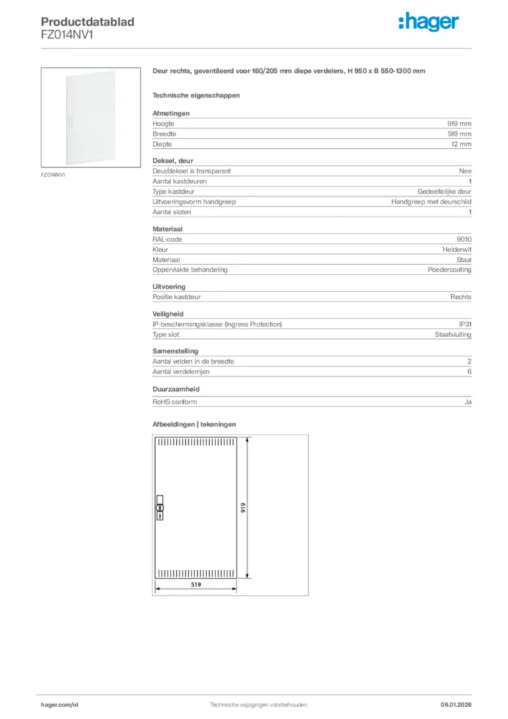 Afbeelding Hager Productdatablad FZ014NV1 | Hager Nederland