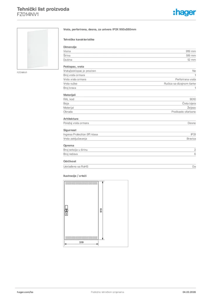 Slika Hager Tehnički list proizvoda FZ014NV1  | Hager