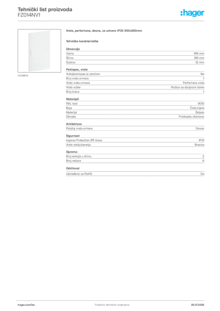 Slika Hager Product data sheet FZ014NV1  | Hager
