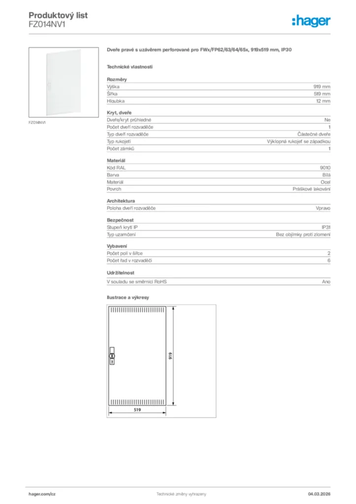 Obrázek Hager Product data sheet FZ014NV1 | Hager