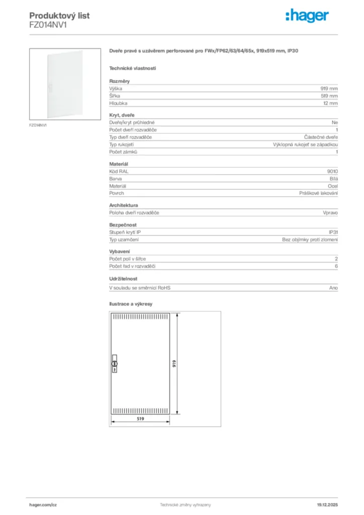 Obrázek Hager Produktový list FZ014NV1 | Hager