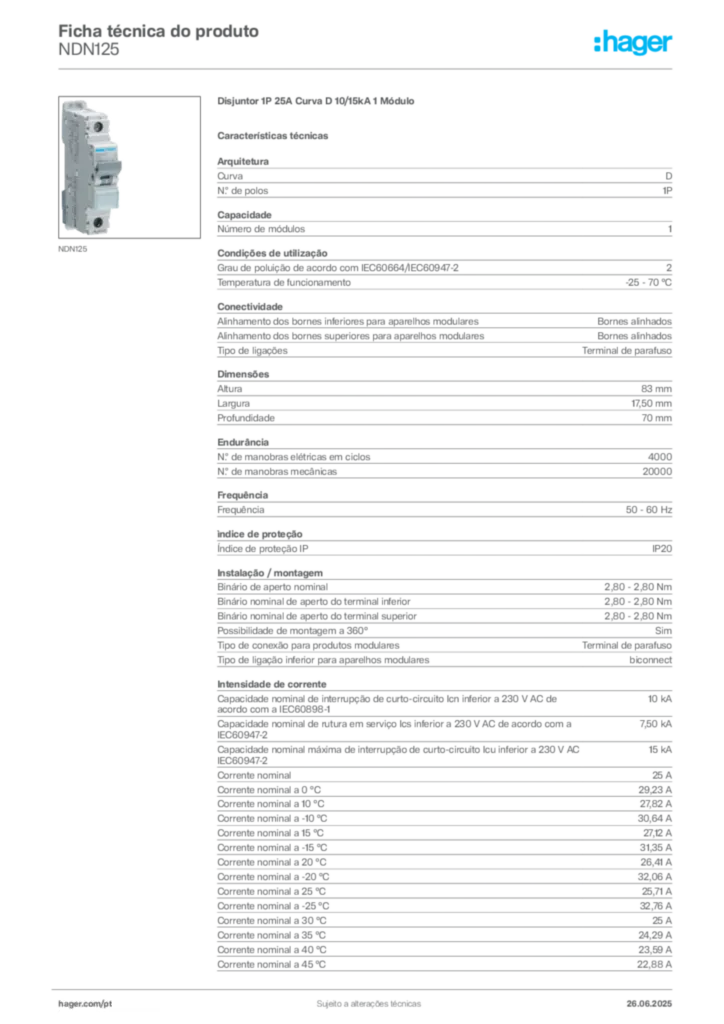 Imagem Hager Ficha técnica do produto NDN125 | Hager Portugal