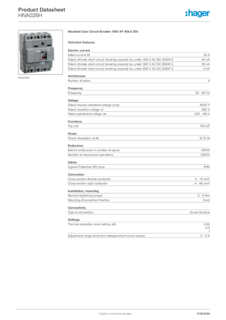 Image Hager Product data sheet HNA026H  | Hager Africa