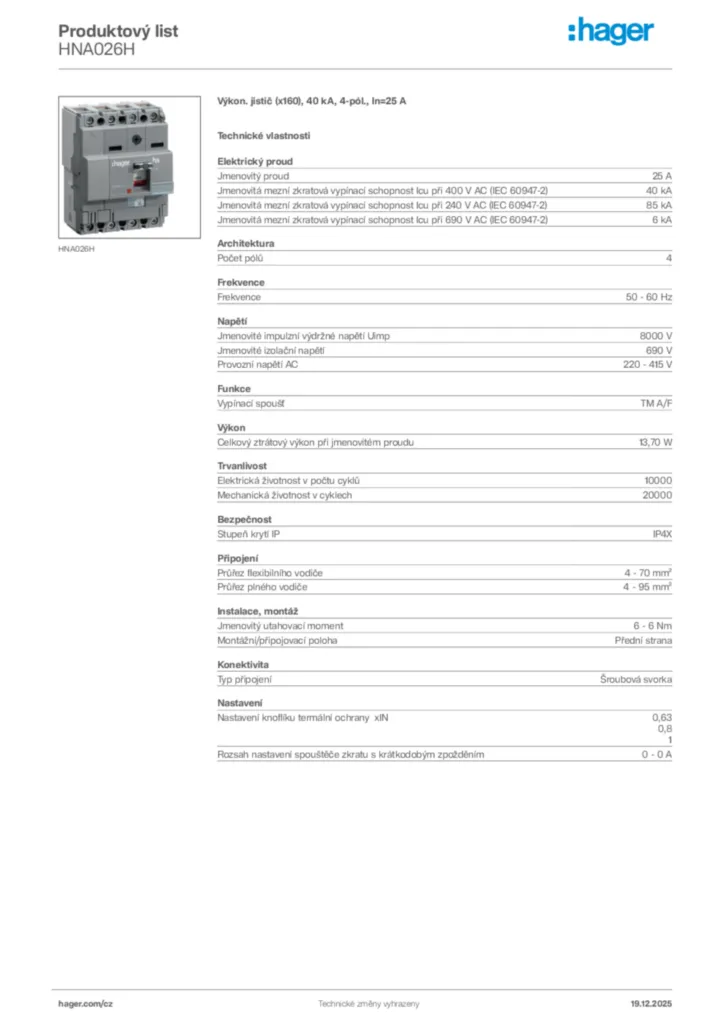 Obrázek Hager Produktový list HNA026H | Hager