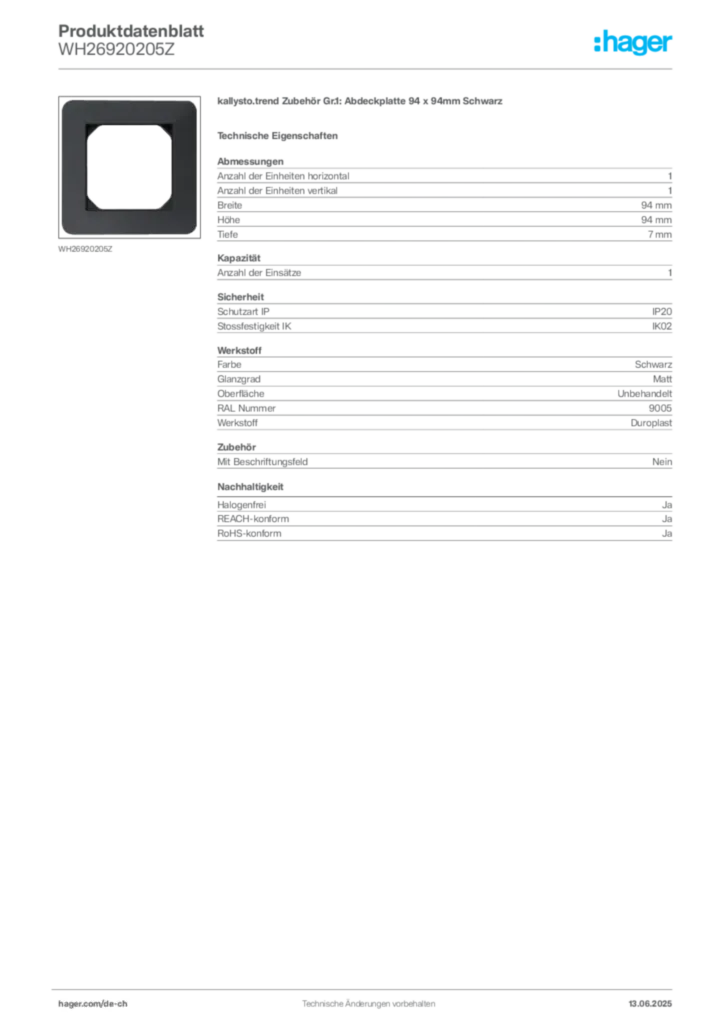 Bild Hager Produktdatenblatt WH26920205Z | Hager Schweiz