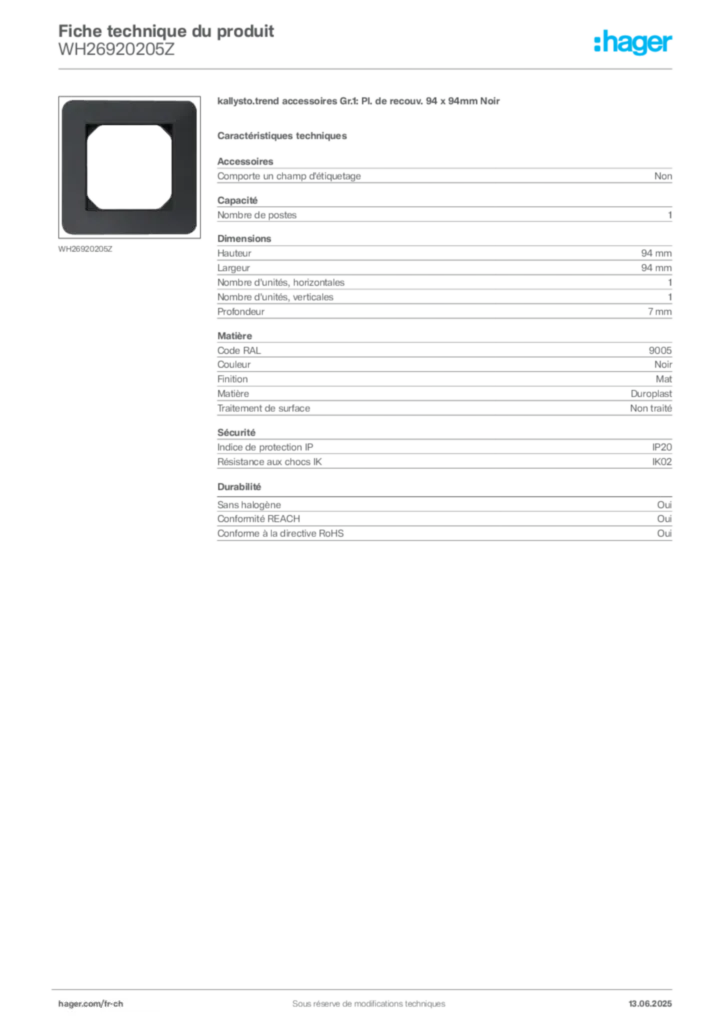Image Hager Fiche technique du produit WH26920205Z | Hager Suisse