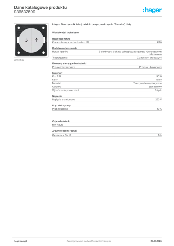 Zdjęcie Hager Karta katalogowa 936532509 | Hager Polska