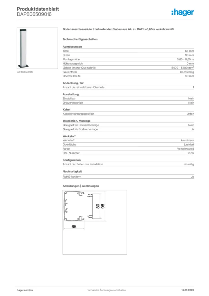 Bild Hager Produktdatenblatt DAP806509016 | Hager Deutschland