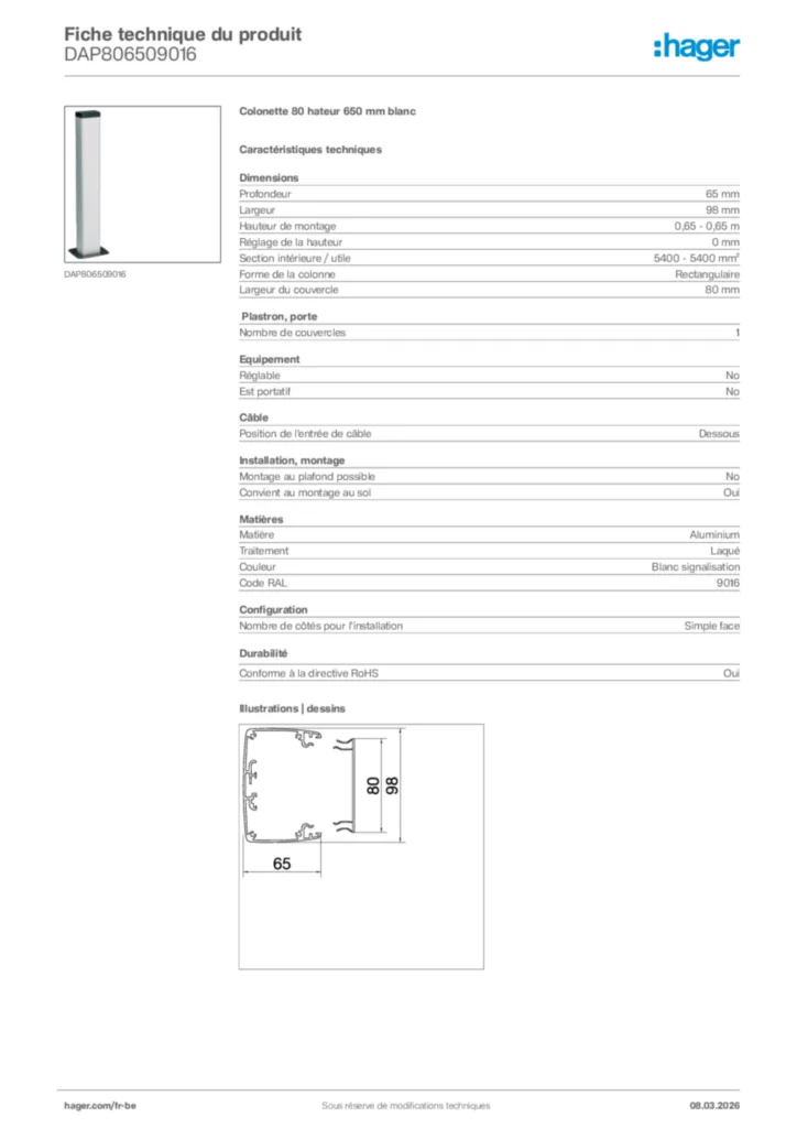 Image Hager Fiche technique du produit DAP806509016 | Hager Belgique