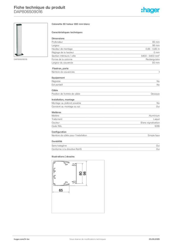 Image Hager Fiche technique du produit DAP806509016 | Hager Belgique