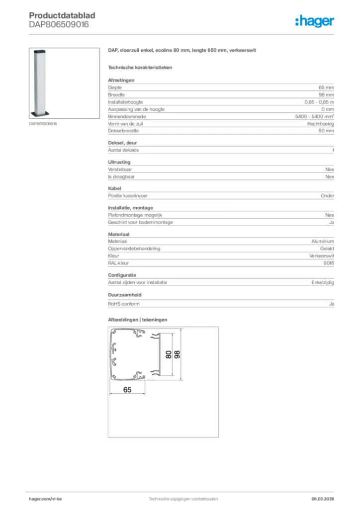 Afbeelding Hager Productdatablad DAP806509016 | Hager Belgium