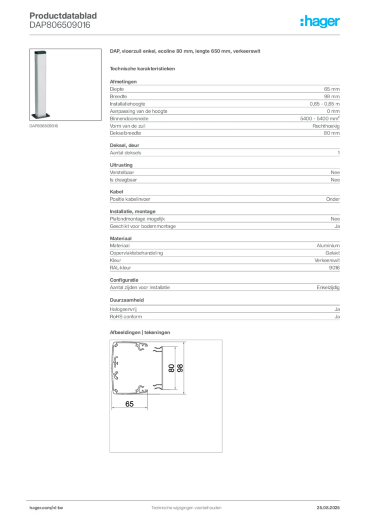 Afbeelding Hager Productdatablad DAP806509016 | Hager Belgium