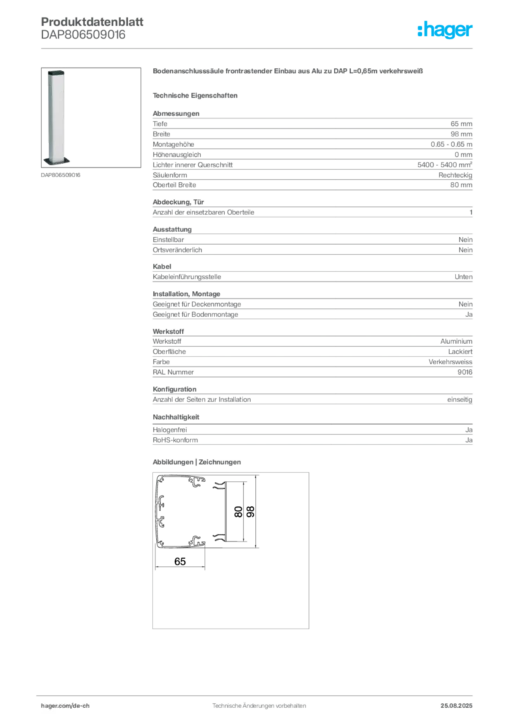 Bild Hager Produktdatenblatt DAP806509016 | Hager Schweiz