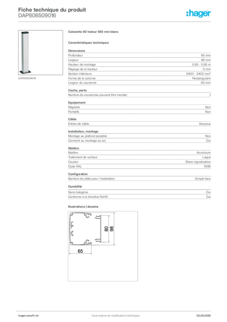 Image Hager Fiche technique du produit DAP806509016 | Hager Suisse