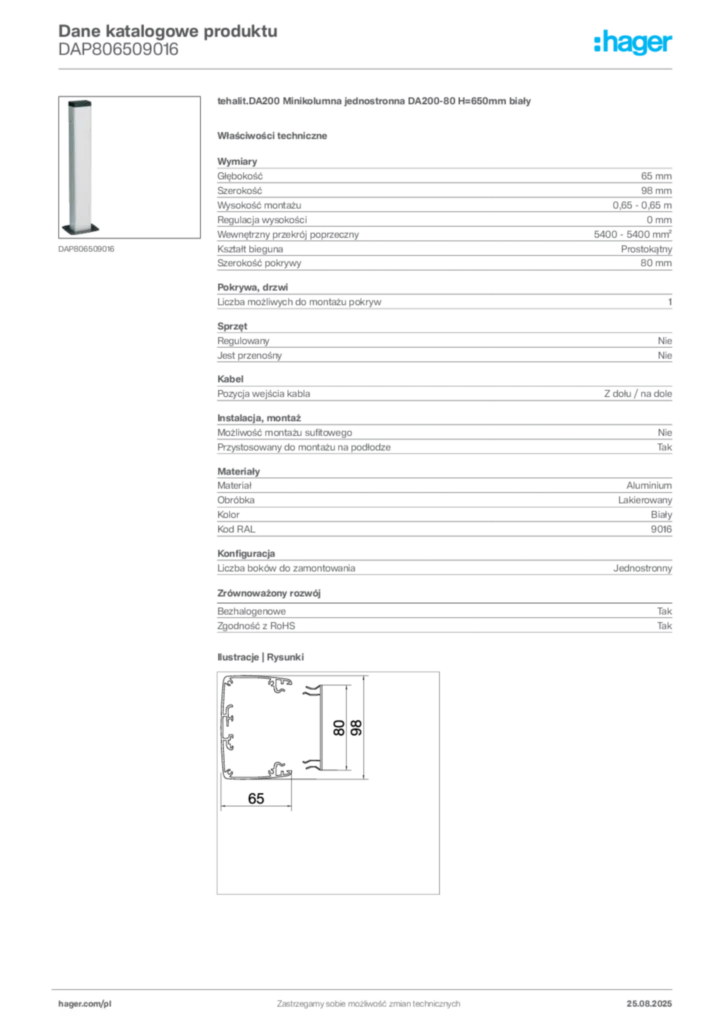 Zdjęcie Hager Karta katalogowa DAP806509016 | Hager Polska