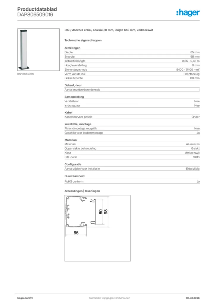 Afbeelding Hager Productdatablad DAP806509016 | Hager Nederland