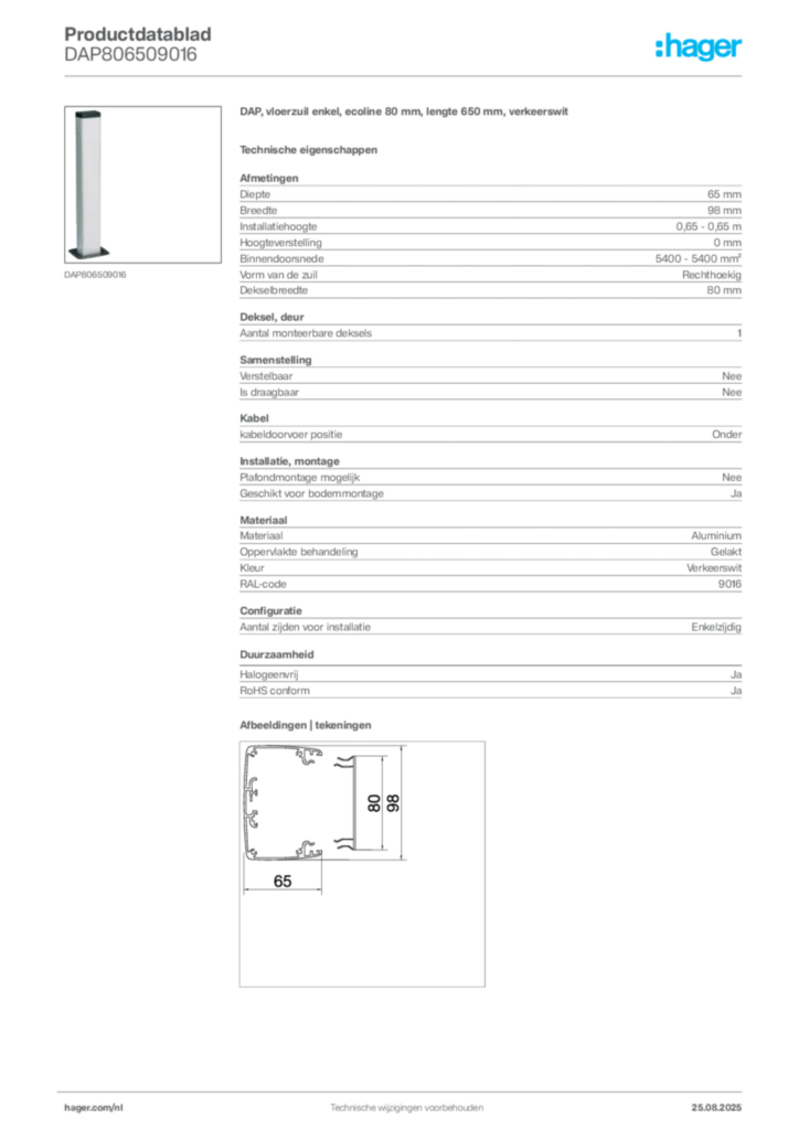Afbeelding Hager Productdatablad DAP806509016 | Hager Nederland