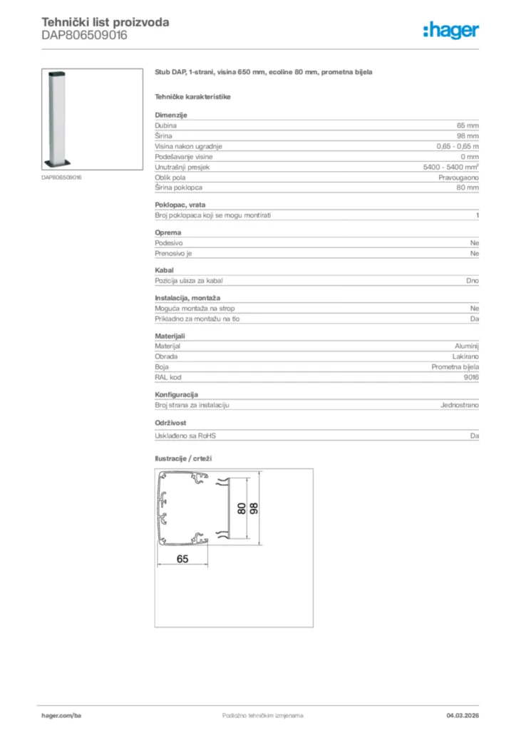 Slika Hager Tehnički list proizvoda DAP806509016  | Hager