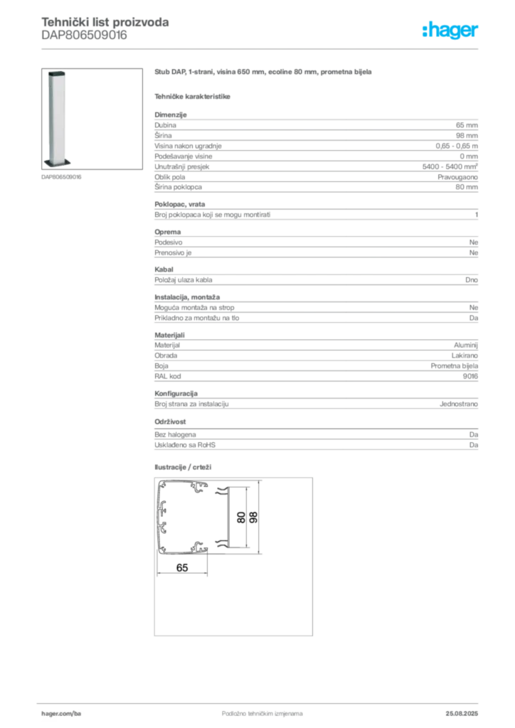Slika Hager Product data sheet DAP806509016  | Hager