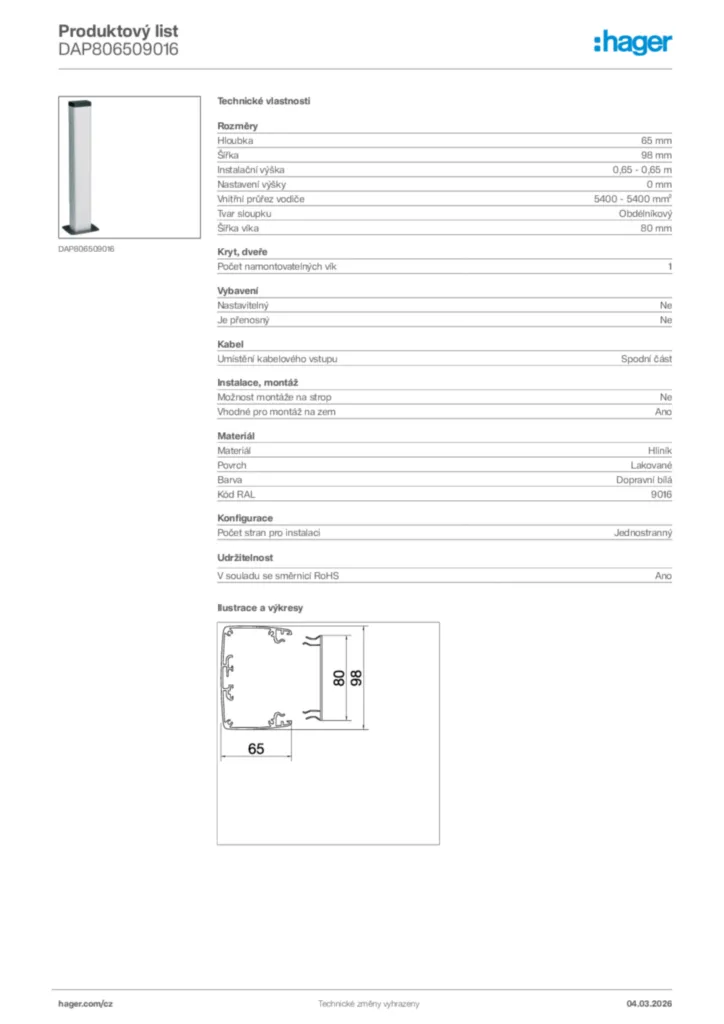 Obrázek Hager Product data sheet DAP806509016 | Hager