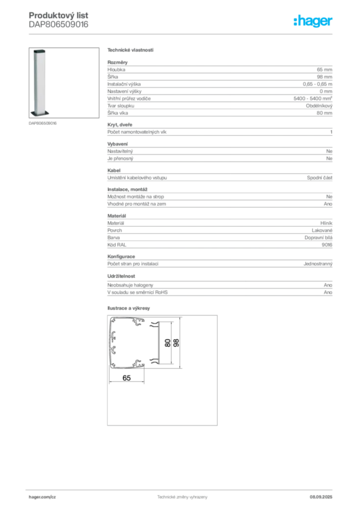 Obrázek Hager Produktový list DAP806509016 | Hager