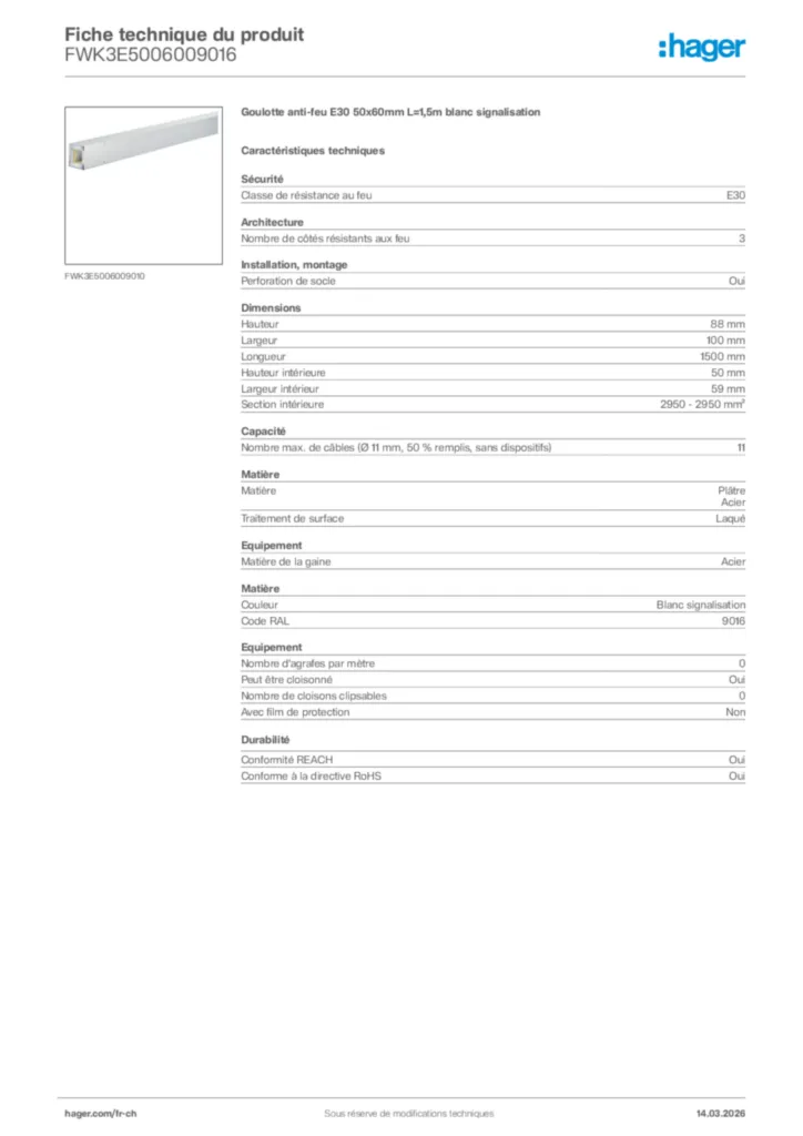 Image Hager Fiche technique du produit FWK3E5006009016 | Hager Suisse