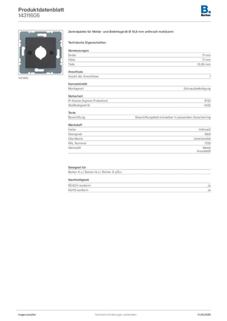 Bild Berker Produktdatenblatt 14311606 | Hager Deutschland