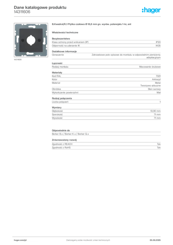 Zdjęcie Hager Karta katalogowa 14311606 | Hager Polska