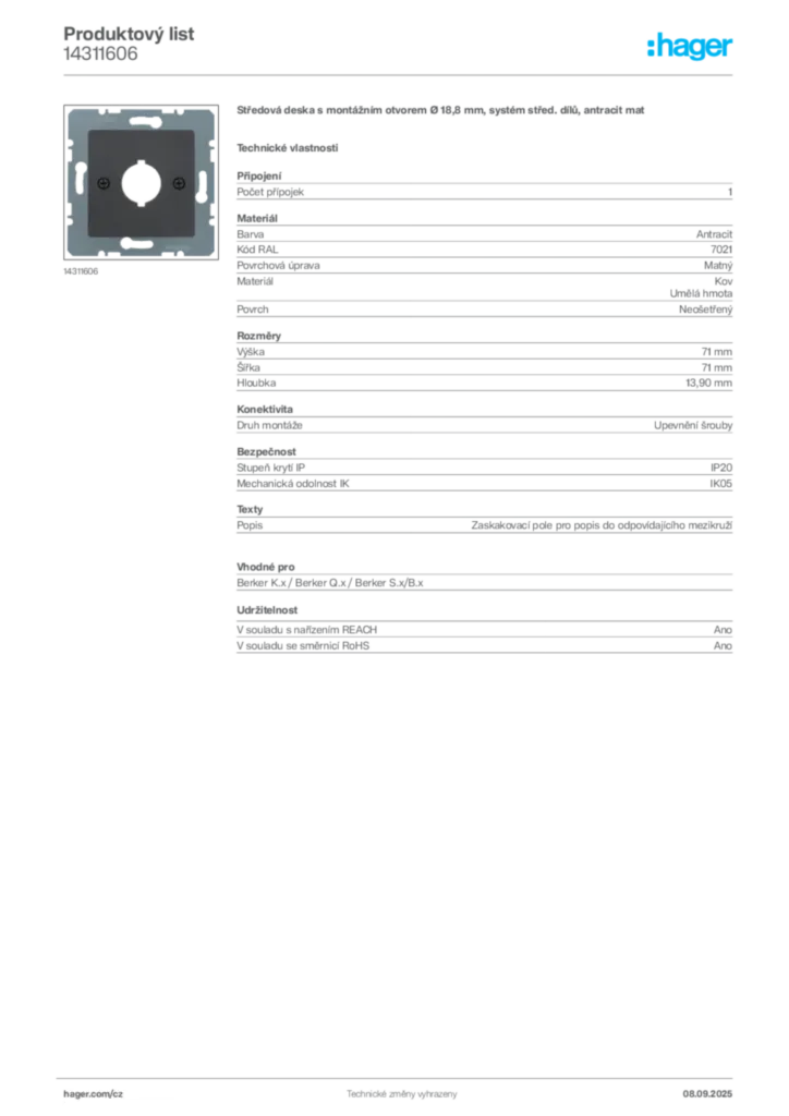 Obrázek Hager Produktový list 14311606 | Hager