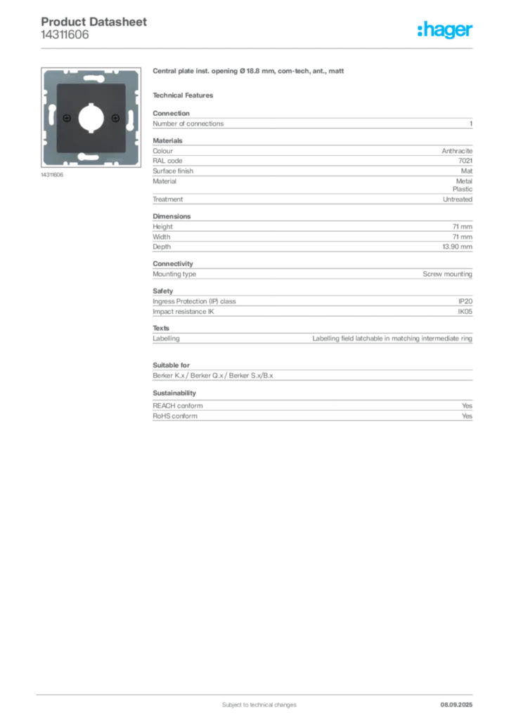 Image Hager Product data sheet 14311606  | Hager