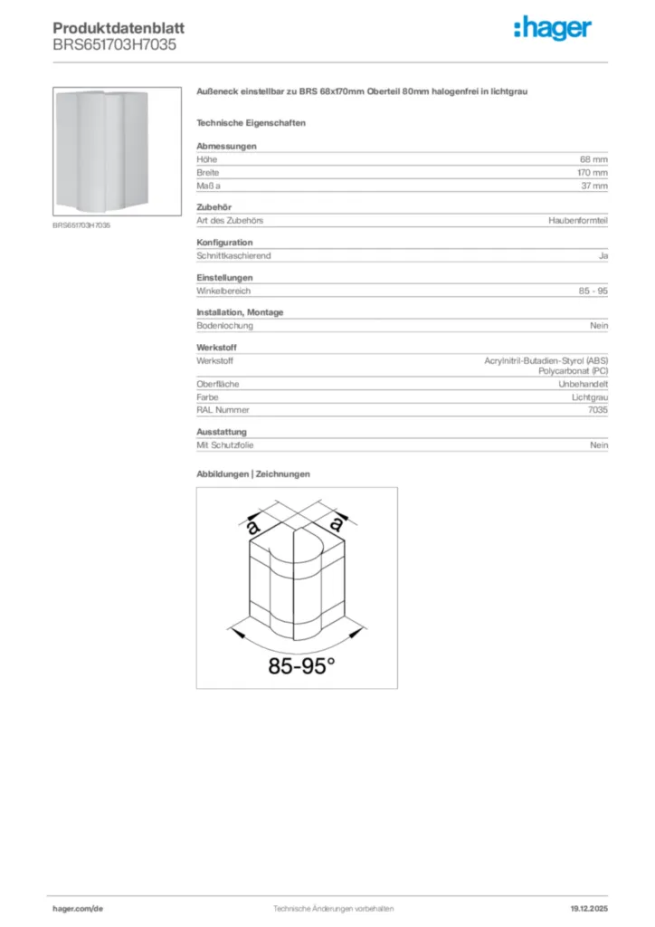 Bild Hager Produktdatenblatt BRS651703H7035 | Hager Deutschland
